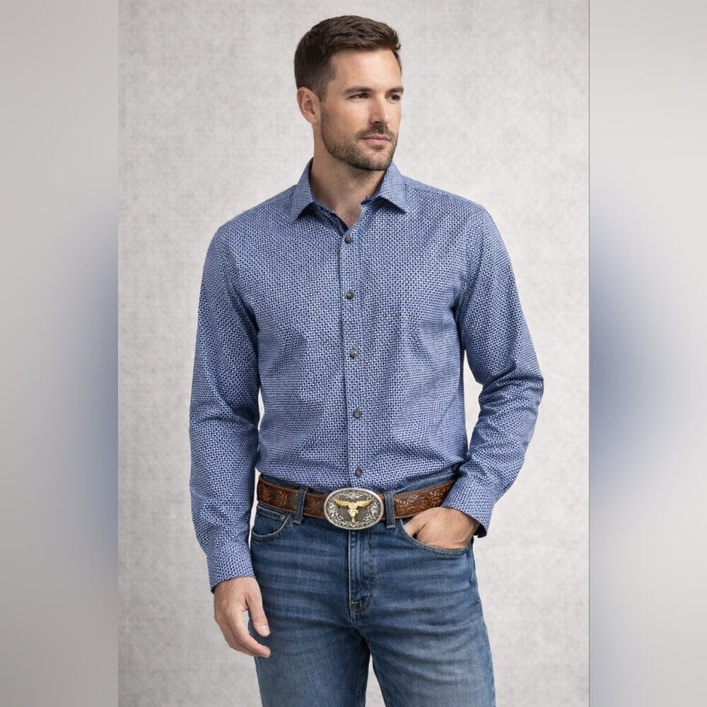 Denim & Flower Men’s XL Blue Micro Print Button Down Long Sleeve Shirt #1273